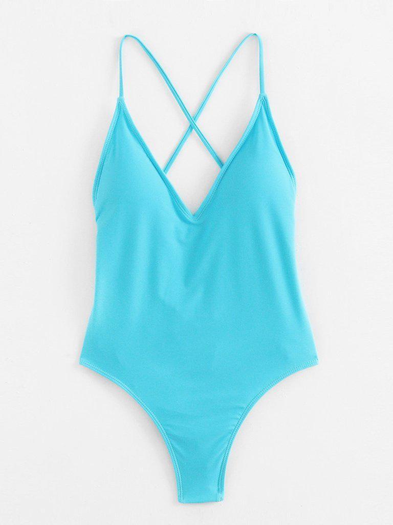 Lace Up Back Ruched Detail Plunge Swimsuit-swimwear-Des Mess