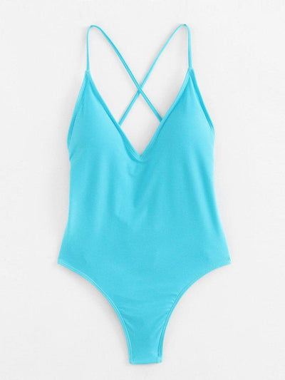 Lace Up Back Ruched Detail Plunge Swimsuit-swimwear-Des Mess