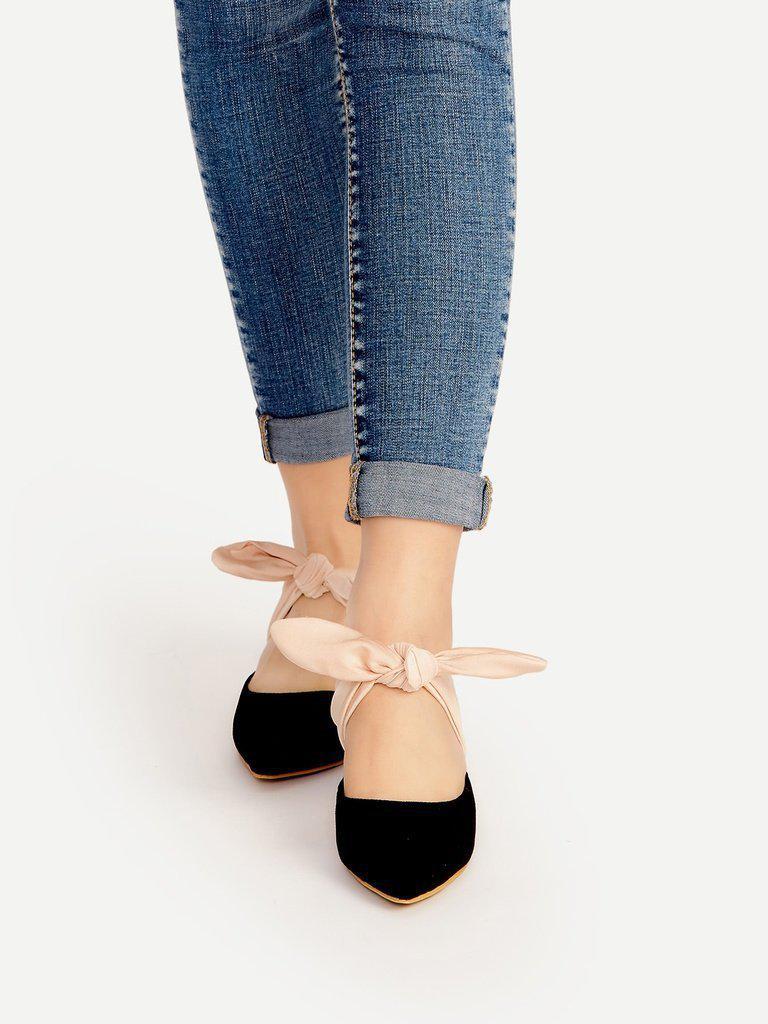 Black Point Toe Contrast Bow Tie Heeled Mules-shoes-Des Mess