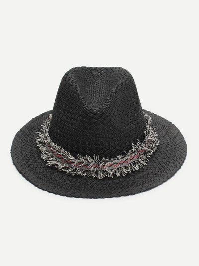 Frayed Band Straw Fedora Hat-accessories-Des Mess