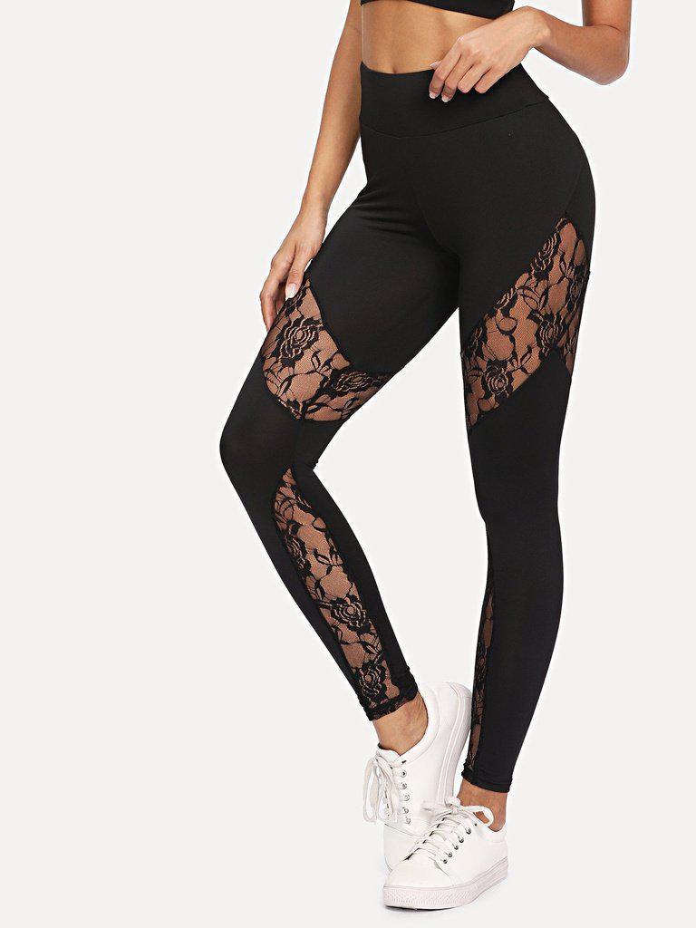 Lace Insert Zip Detail Leggings-bottom-Des Mess