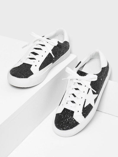 Star Patch Glitter Lace Up Sneakers-shoes-Des Mess