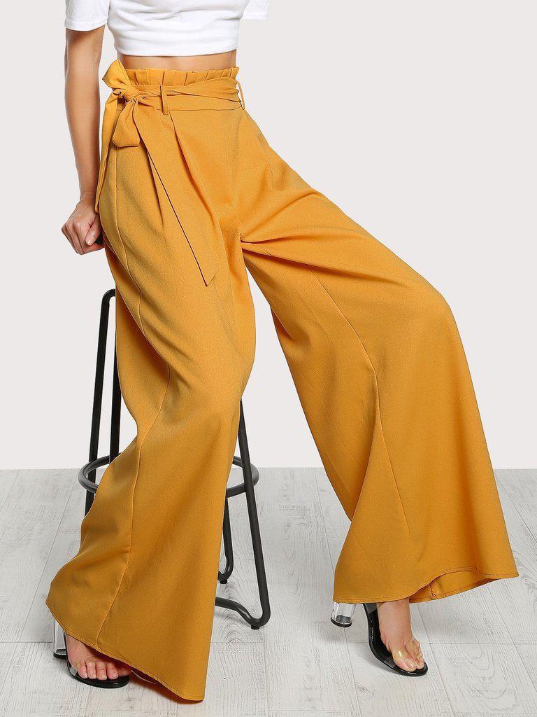 Frill Waist Belted Palazzo Pants-bottom-Des Mess