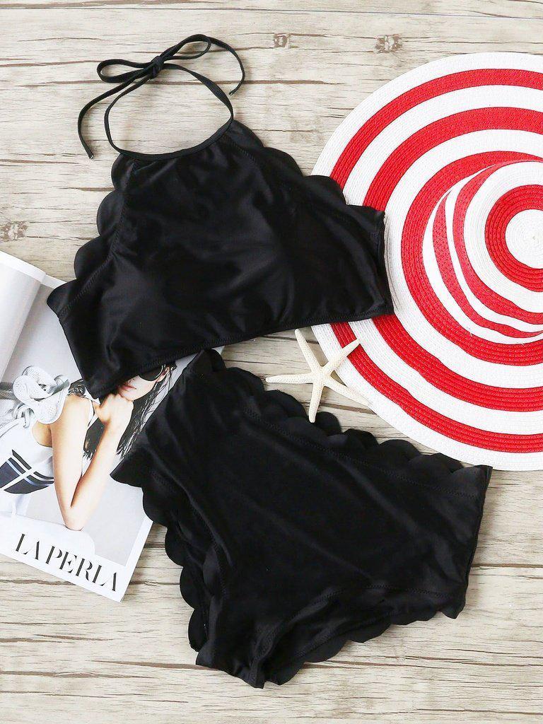 Scalloped Trim Halter High Waist Bikini Set--Des Mess