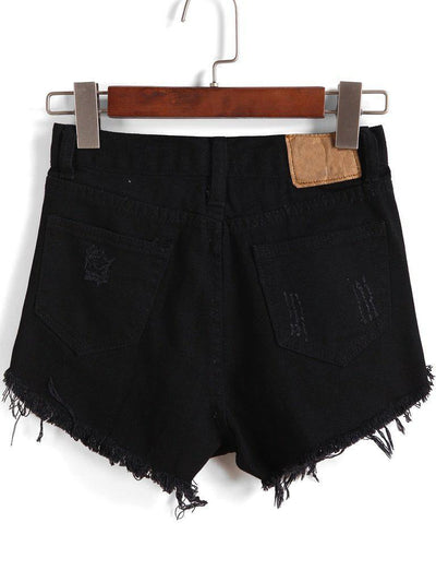 Single-breasted Ripped Fray Hem Denim Shorts-bottom-Des Mess