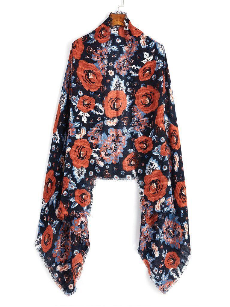 Flower Print Frayed Trim Scarf-accessories-Des Mess