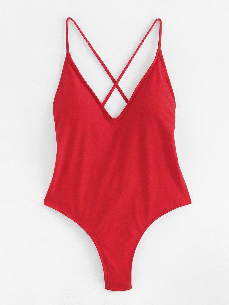 Criss Cross Back Ruched Detail Plunge Swimsuit-swimwear-Des Mess