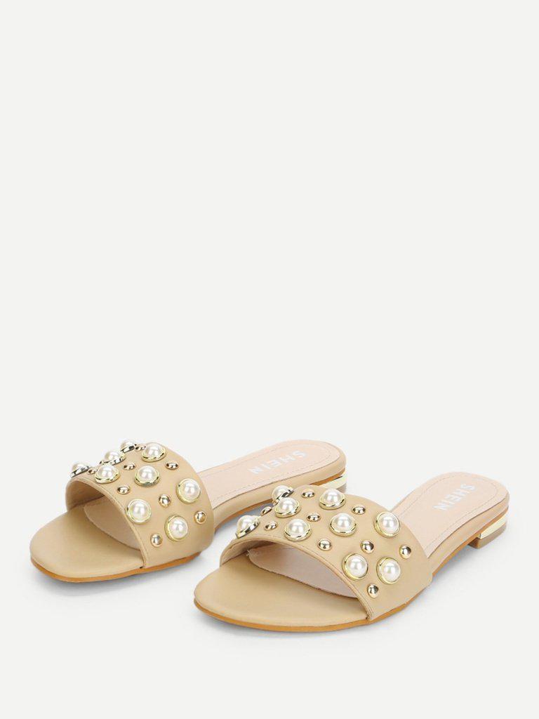Faux Pearl & Studded Flat Slides-shoes-Des Mess