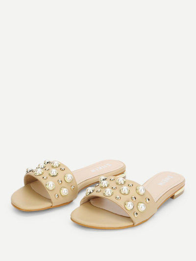 Faux Pearl & Studded Flat Slides-shoes-Des Mess