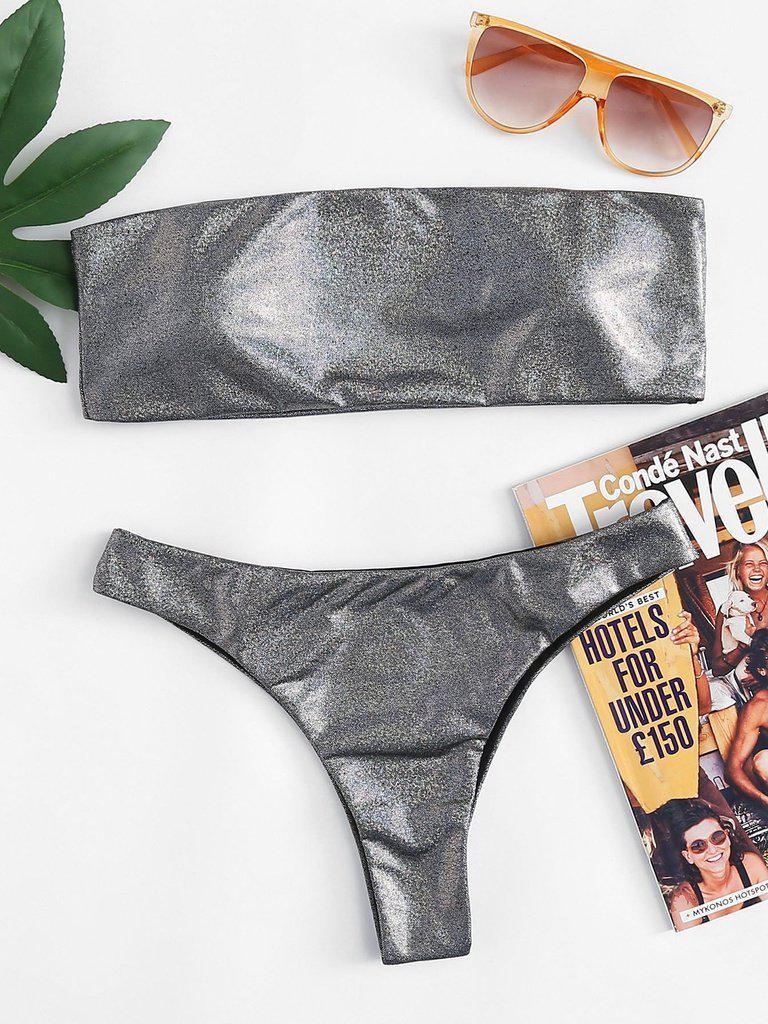Metallic Bandeau Bikini Set-swimwear-Des Mess