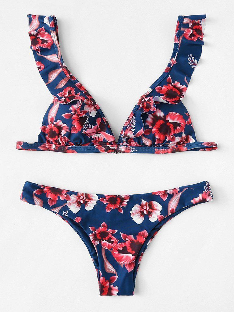 Flower Print Ruffle Bikini Set--Des Mess