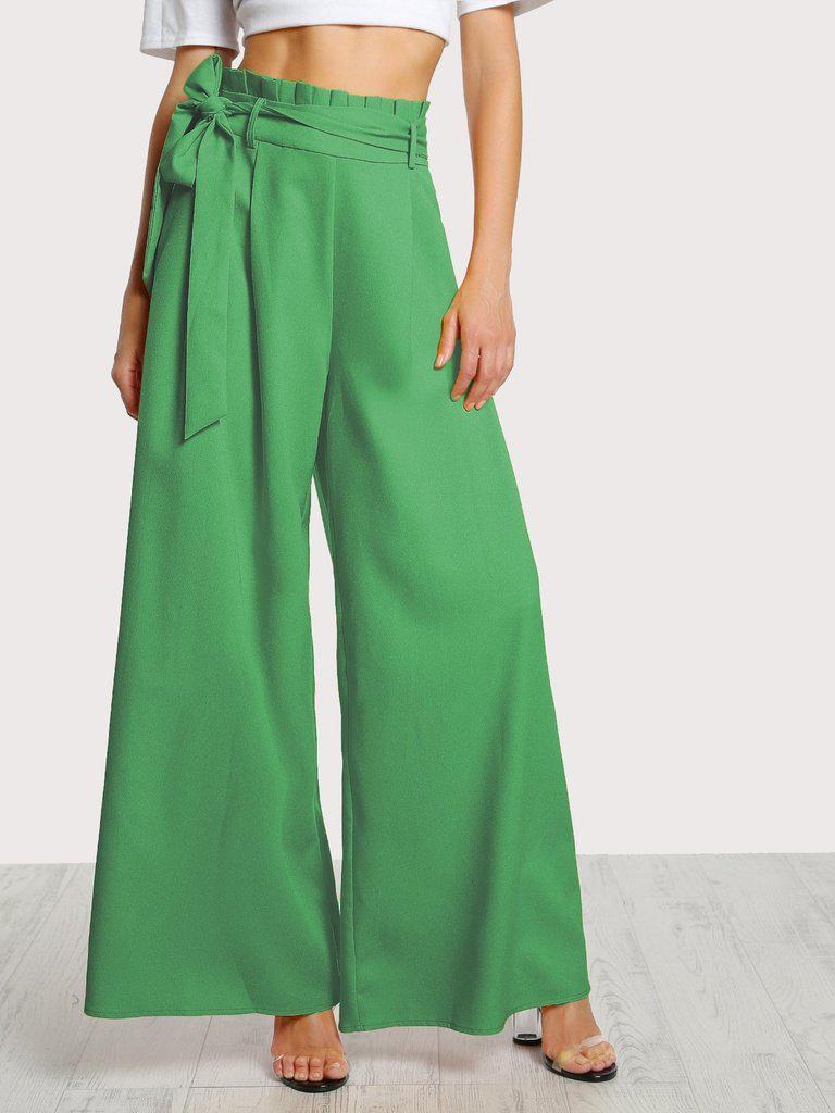 Frill Waist Belted Palazzo Pants-bottom-Des Mess