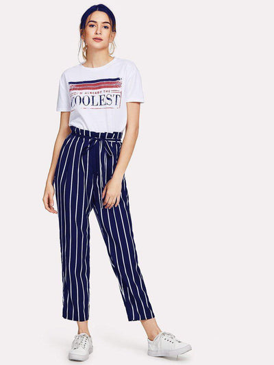 Frill Trim Waist Striped Tapered Pants-bottom-Des Mess
