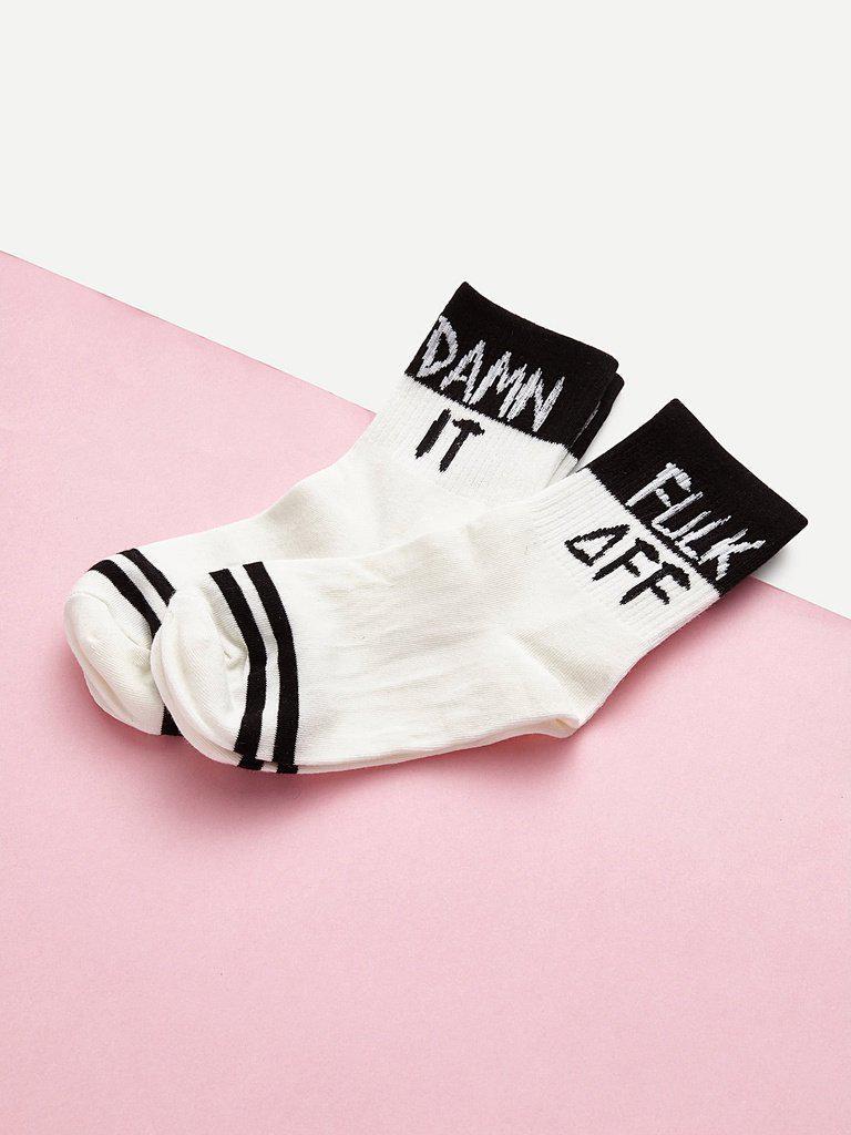 Slogan Print Ankle Socks 5pairs-accessories-Des Mess