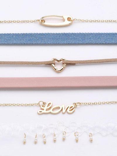 Letter Love & Heart Detail Choker Set 6pcs-jewelry-Des Mess