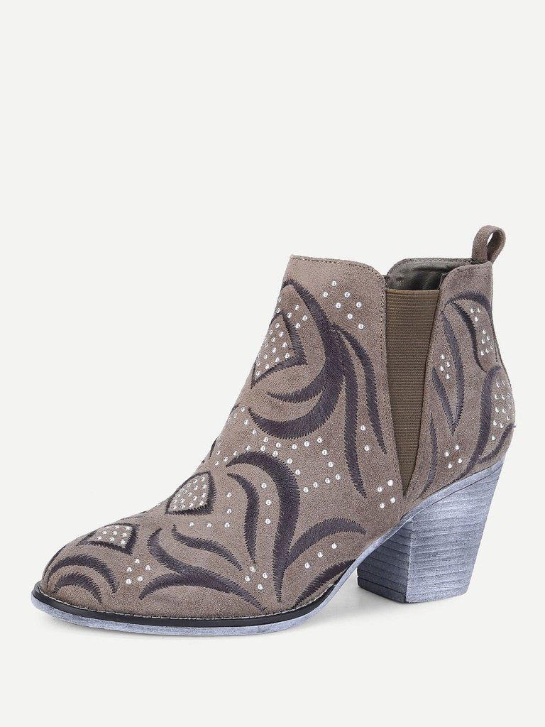 Embroidery Detail Block Heeled Ankle Boots-shoes-Des Mess