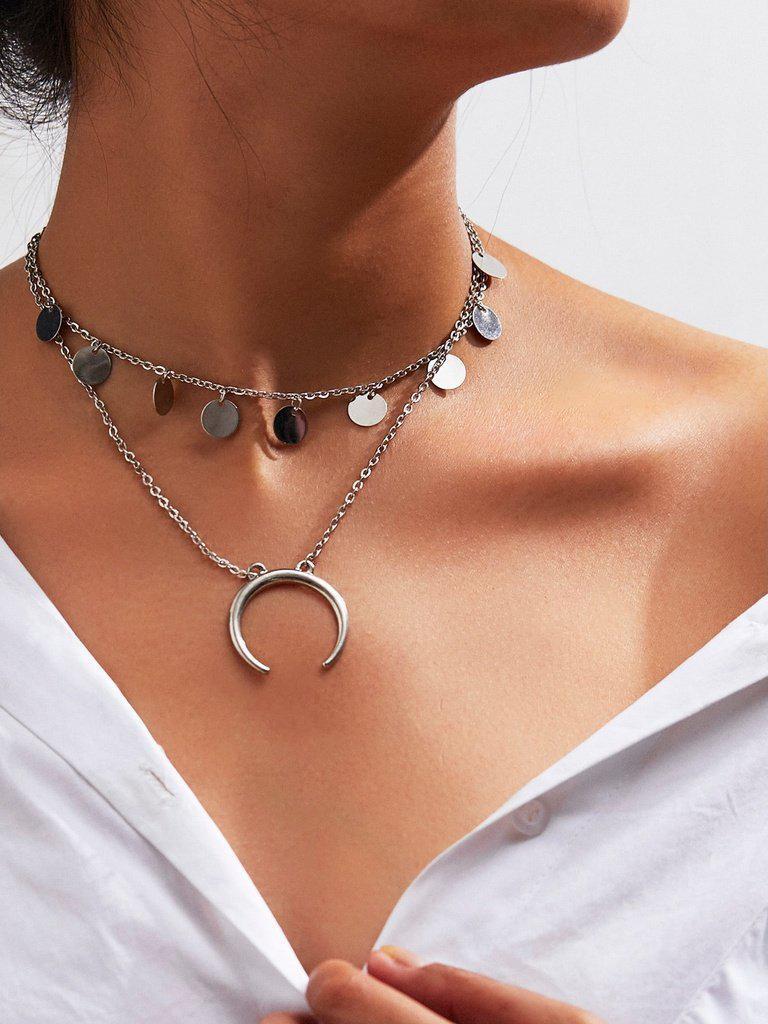 Horn & Sequin Design Layered Chain Necklace-jewelry-Des Mess