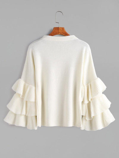 White Layered Ruffle Sleeve Pullover Sweater-outerwear-Des Mess