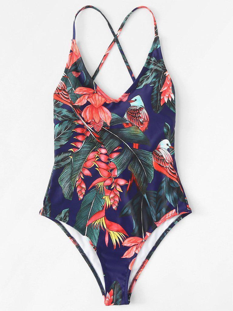 Crisscross Tropical Print Swimsuit-swimwear-Des Mess