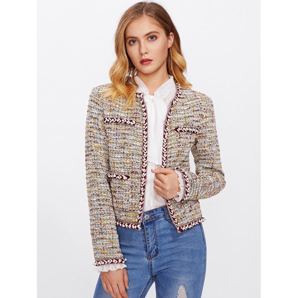 Pearl Beading Braided Tape Trim Tweed Blazer