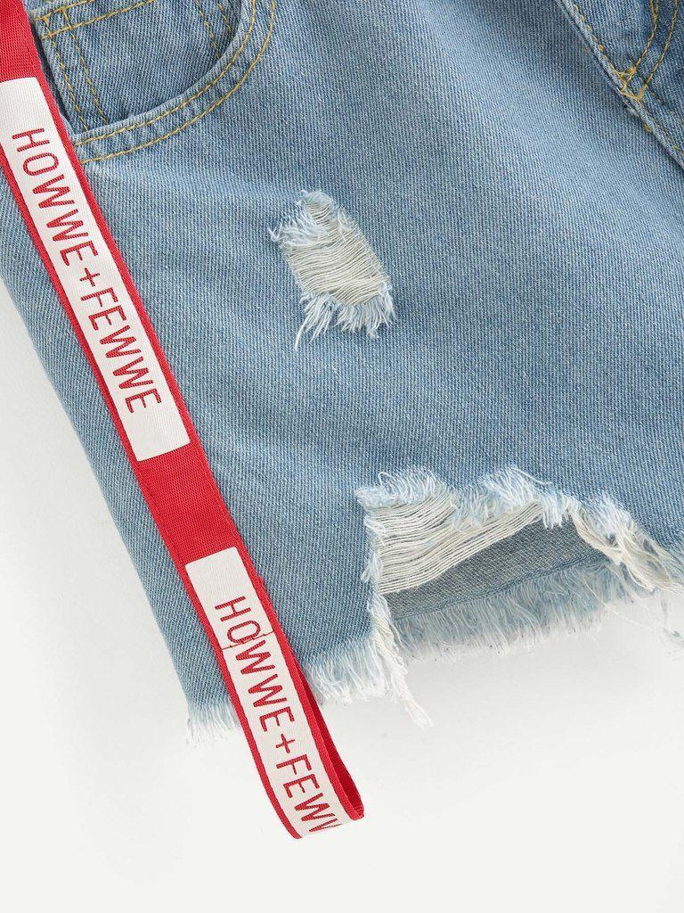 Letter Print Raw Hem Ripped Denim Shorts-bottom-Des Mess
