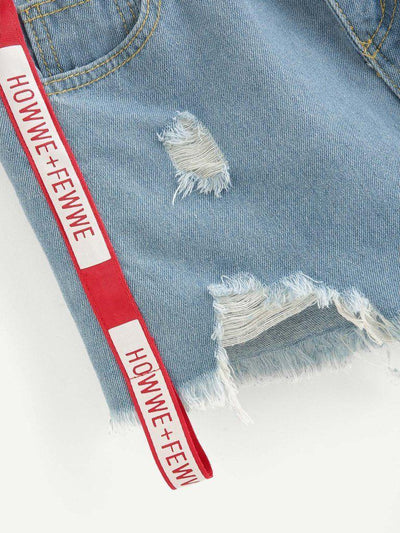 Letter Print Raw Hem Ripped Denim Shorts-bottom-Des Mess