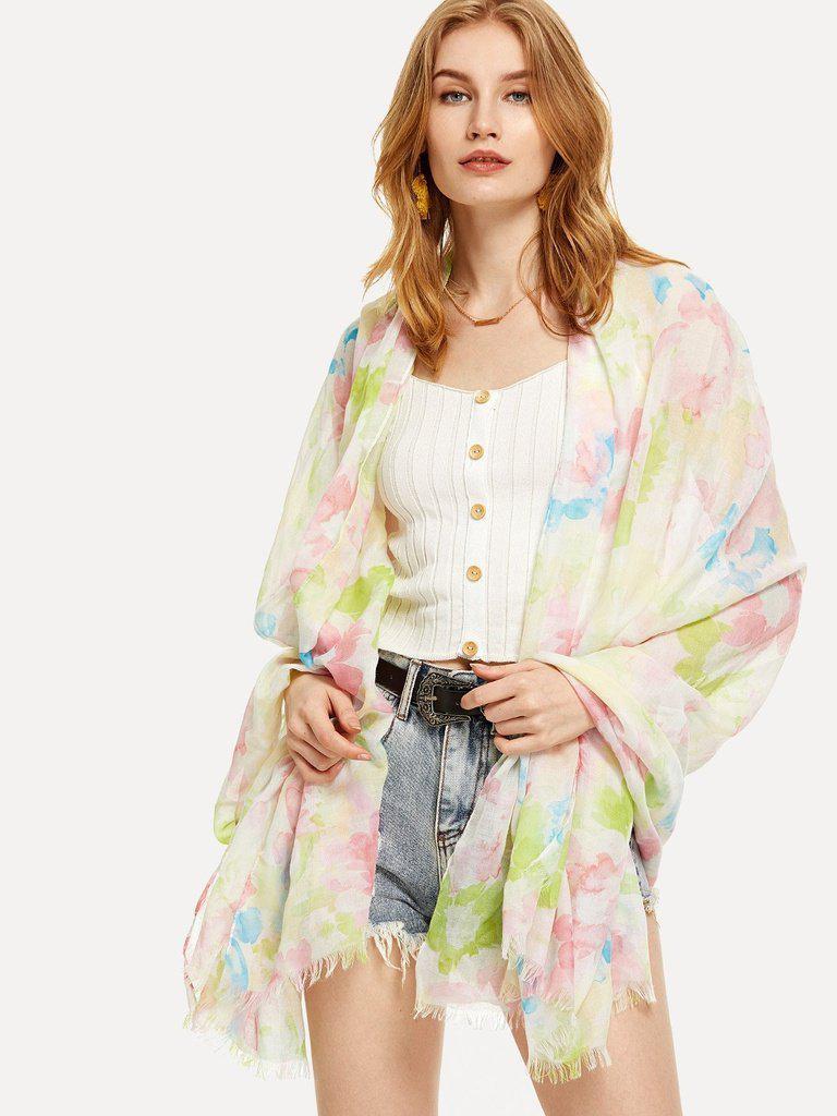Flower Print Frayed Trim Scarf-accessories-Des Mess