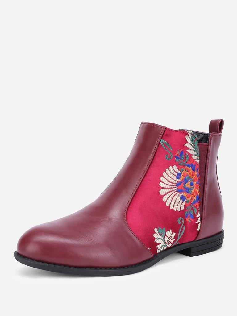 Flower Embroidery PU Flat Boots-shoes-Des Mess