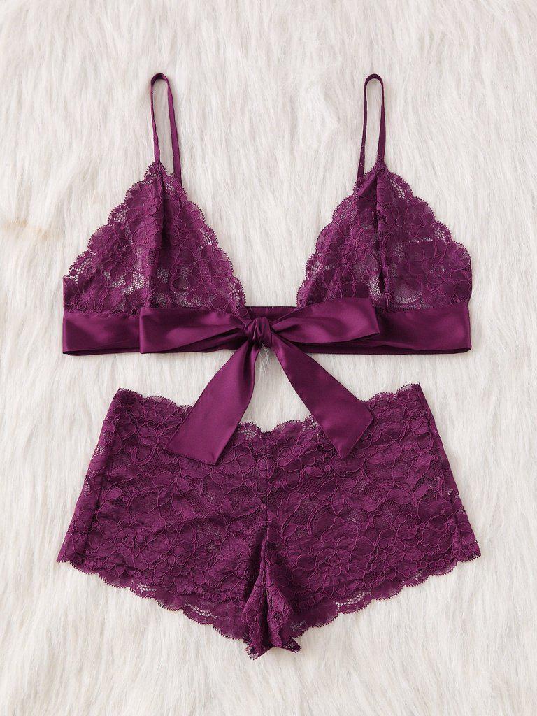 Tie Front Lace Bralette And Pantie Lingerie Set-lingerie-Des Mess