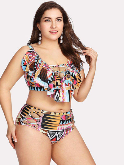 Geometric Pattern Flounce Bikini Set-swimwear-Des Mess