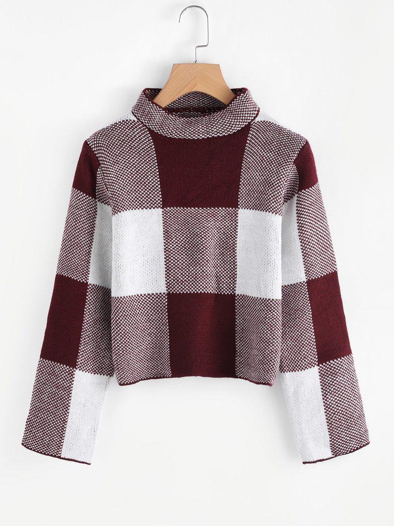 High Neck Gingham Crop Sweater-outerwear-Des Mess