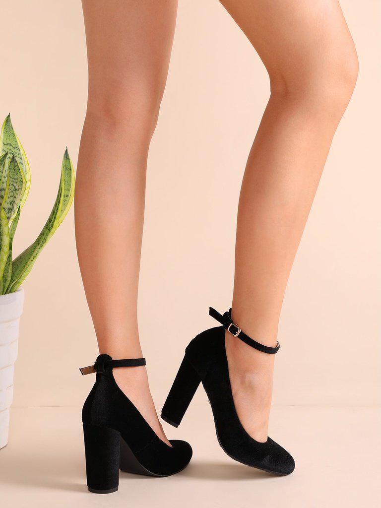 Black Velvet Almond Toe Ankle Strap Heels-shoes-Des Mess