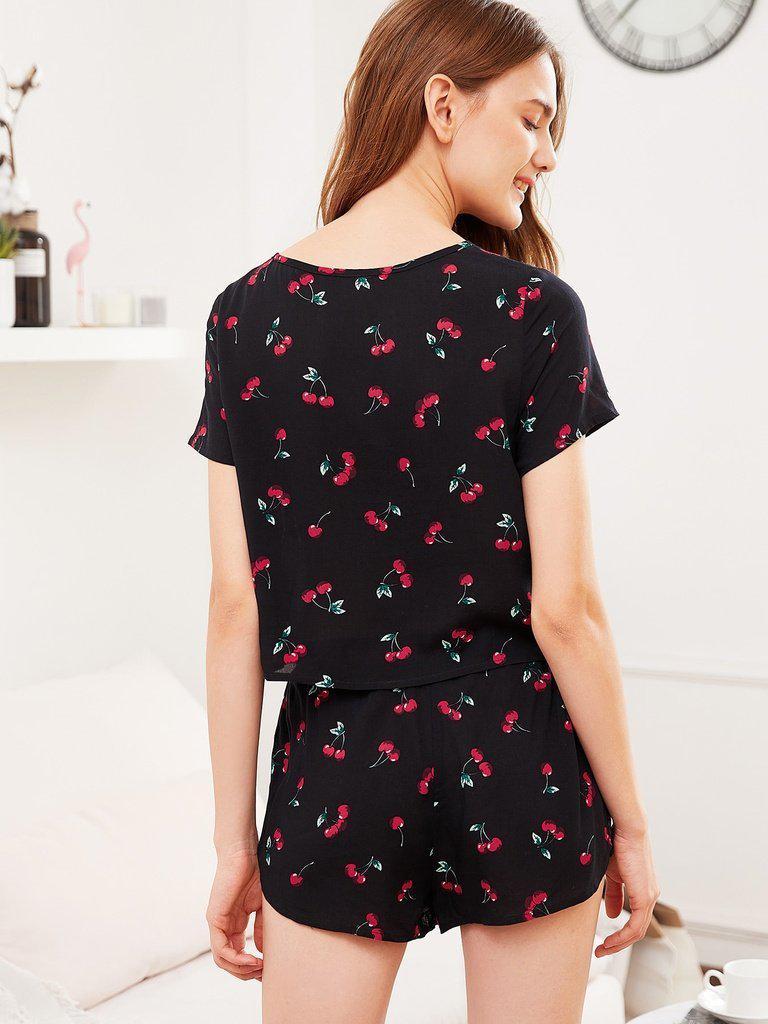 Cherry Print Top And Shorts Pajama Set-loungewear-Des Mess