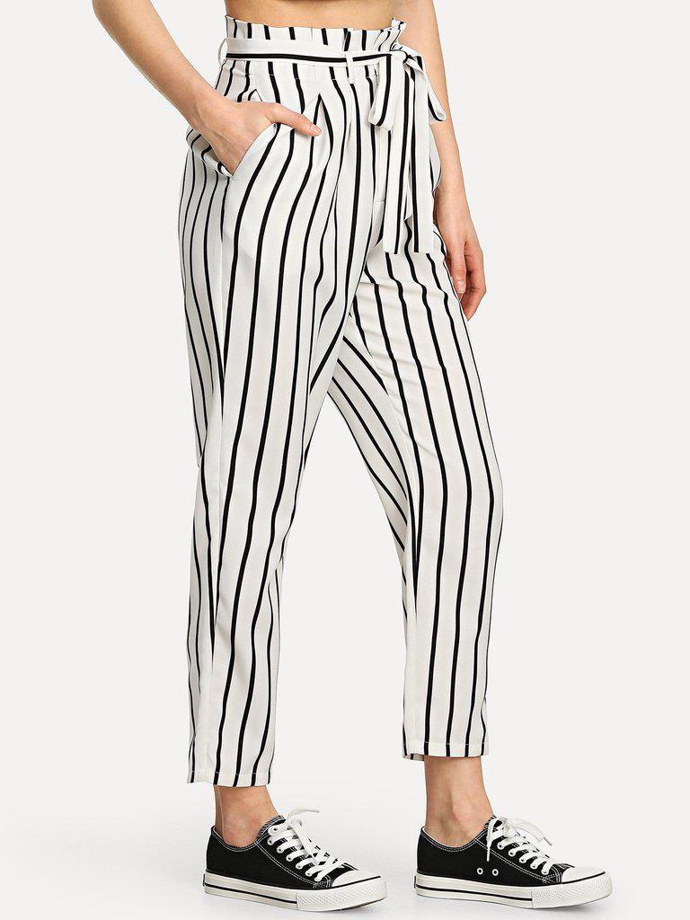 Self Tie Waist Striped Tapered Pants-bottom-Des Mess