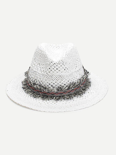 Frayed Band Straw Fedora Hat-accessories-Des Mess