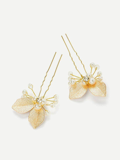 Leaf & Faux Pearl Design Hair Clip-hair-Des Mess