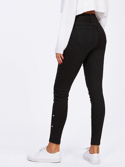 Pearl Beaded Front Jeans-bottom-Des Mess