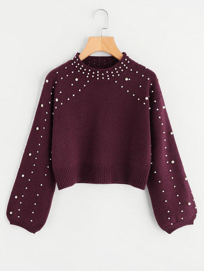 Bishop Sleeve Pearl Beading Crop Sweater-outerwear-Des Mess
