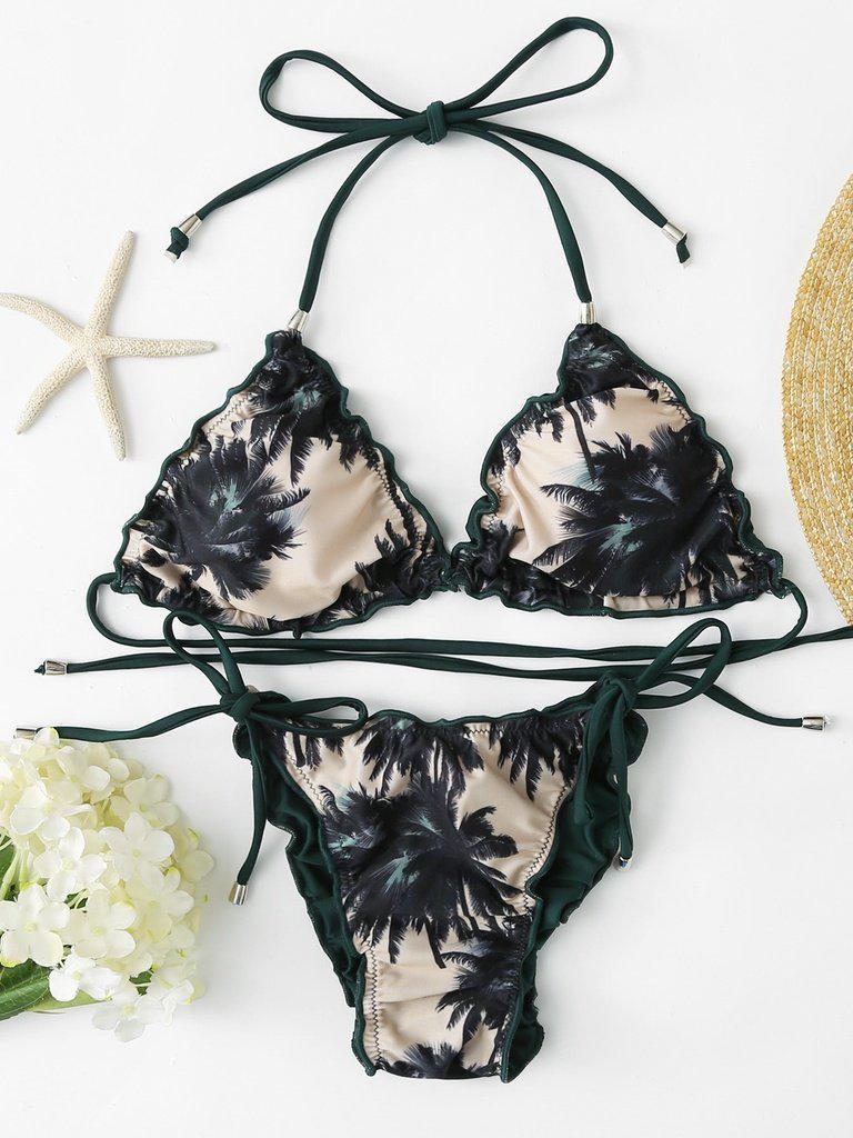 Self Tie Palm Print Bikini Set-swimwear-Des Mess