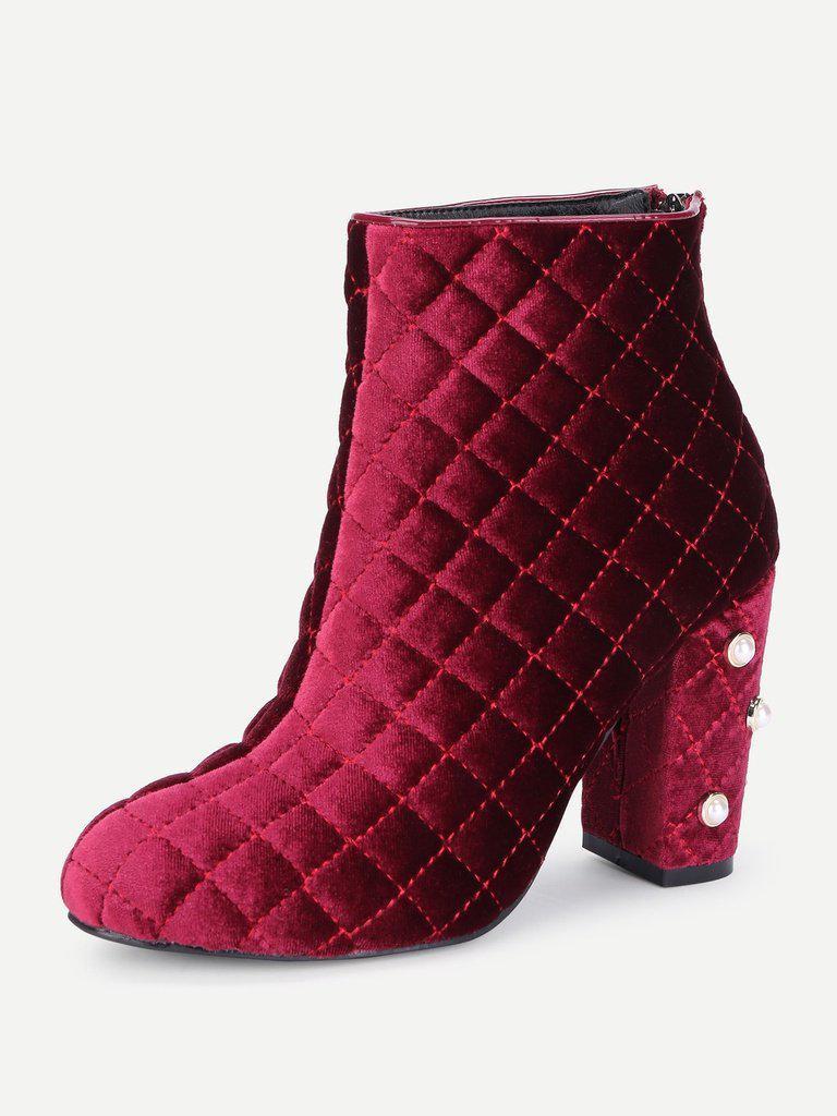 Faux Pearl Quilted Block Heeled Ankle Boots-shoes-Des Mess