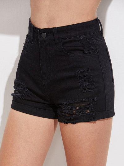Distressed Roll Cuff Denim Shorts-bottom-Des Mess