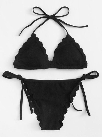 Knot Detail Scallop Trim Textured Bikini Set-swimwear-Des Mess