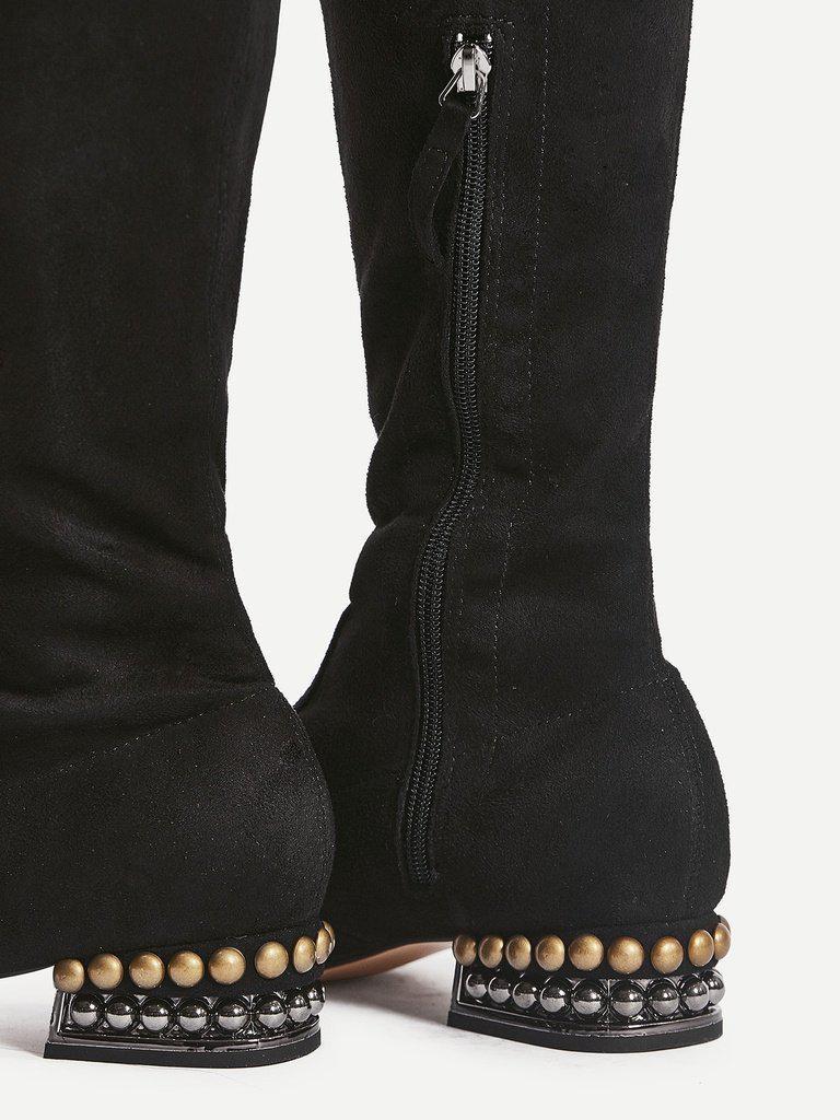 Square Toe Side Zipper Thigh High Boots-shoes-Des Mess