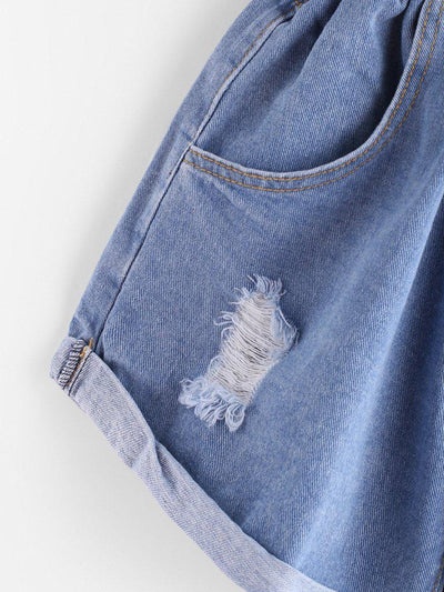 Shirred Frill Trim Ripped Rolled Hem Denim Shorts-bottom-Des Mess