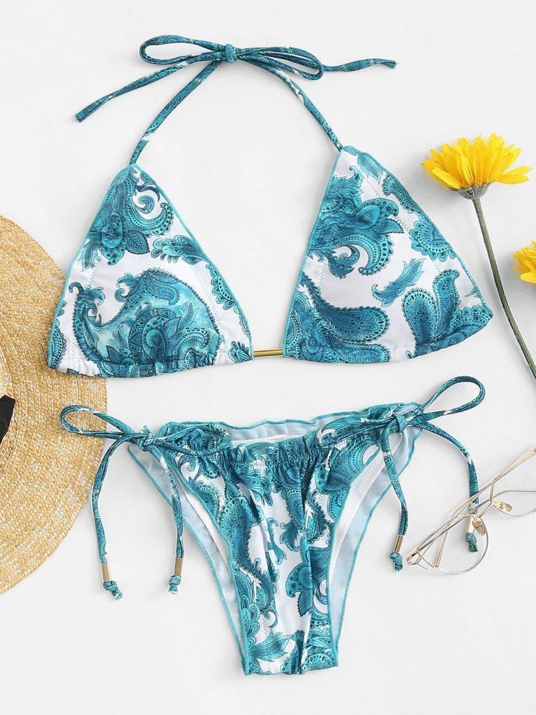 Paisley Print Self Tie Bikini Set-swimwear-Des Mess