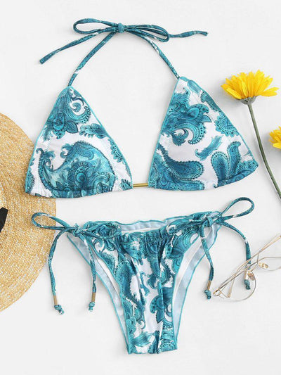 Paisley Print Self Tie Bikini Set-swimwear-Des Mess