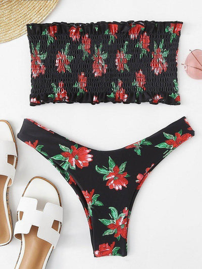 Floral Print Shirred Bikini Set-swimwear-Des Mess