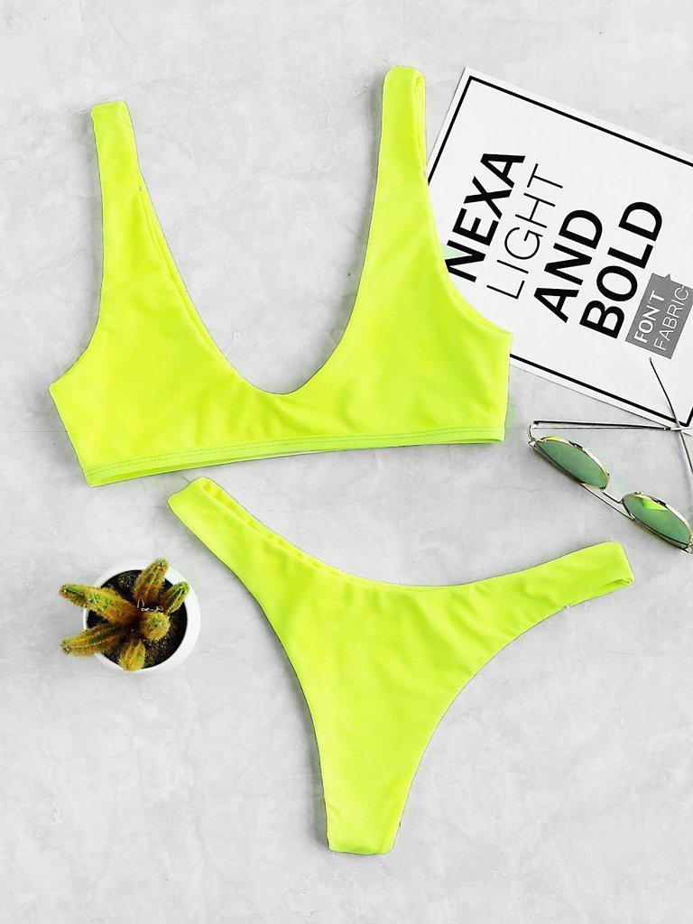 Neon Plunge Neckline High Leg Bikini Set-swimwear-Des Mess