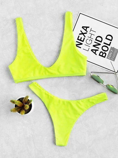 Neon Plunge Neckline High Leg Bikini Set-swimwear-Des Mess