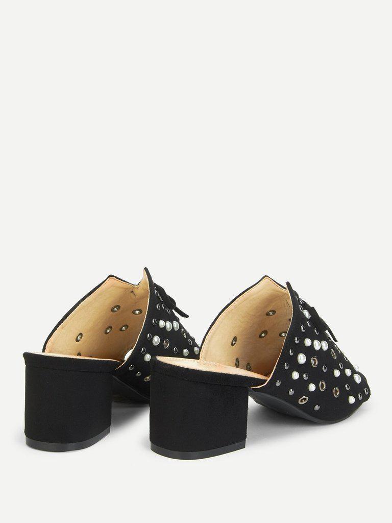 Faux Pearl Chunky Heeled Mules-shoes-Des Mess